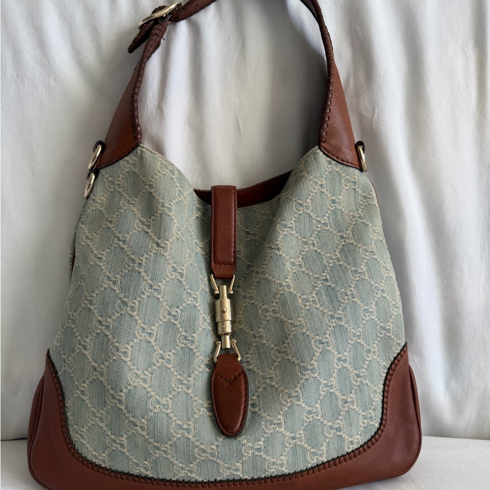 Gucci light denim and brown leather Jackie Hobo